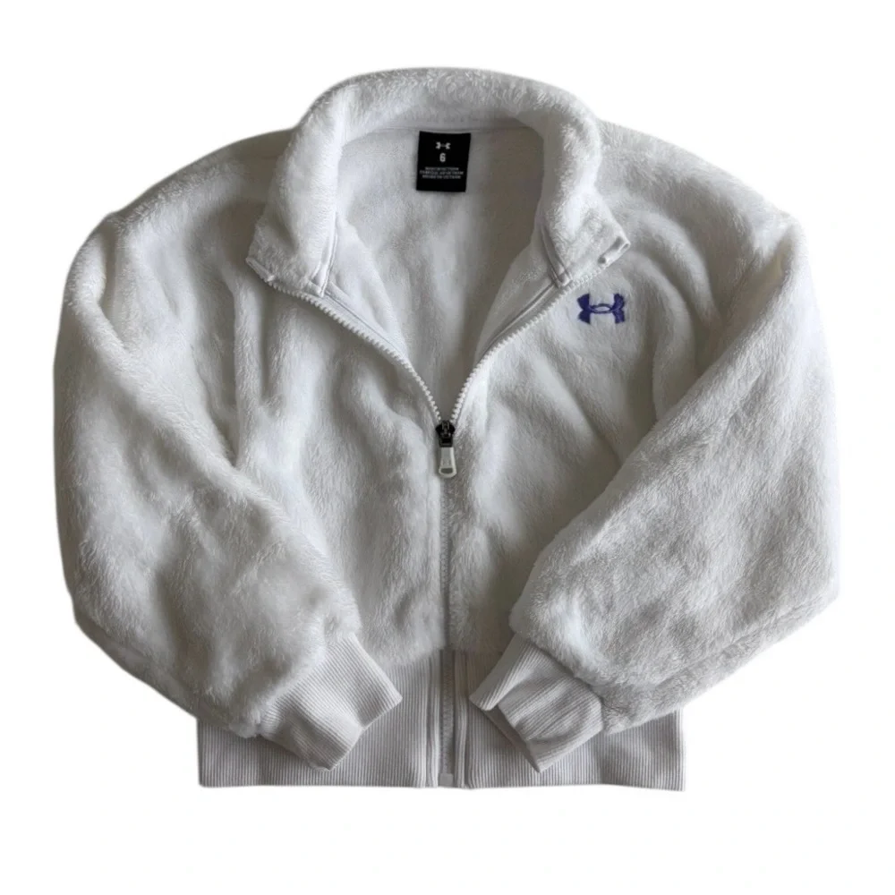 Under Armour Kids White Sherpa Full-Zip Jacket with Purple Logo Girls 6